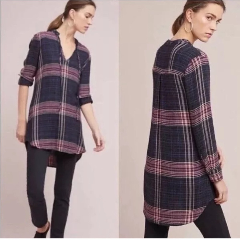 Cloth‎ & Stone Plaid Long Sleeve Blue Pink Tunic Shirt Dress Small